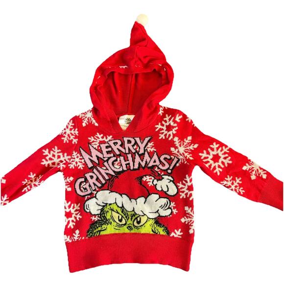 NWT Red Dr. Seuss Grinch Ugly Christmas Sweater Hoodie 12 Months Merry GRINCHMAS - Picture 1 of 9